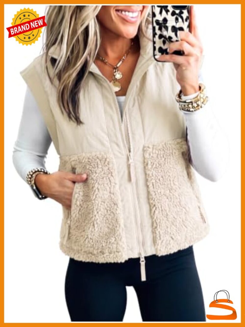 Sherpa Fleece Puffer Vest Zip Up Sleeveless Jacket